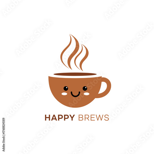 Adorable brown coffee cup with smiling face and steam, featuring "Happy Brews" text