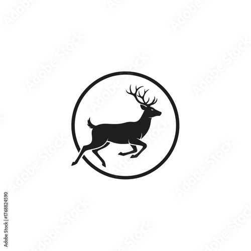 A silhouette of a deer leaping inside a black circle against a white backdrop