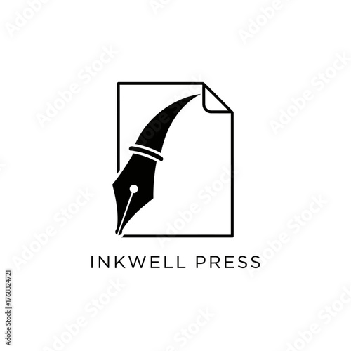 A minimalistic logo depicting a pen nib, inside a page, symbolizing writing and the press