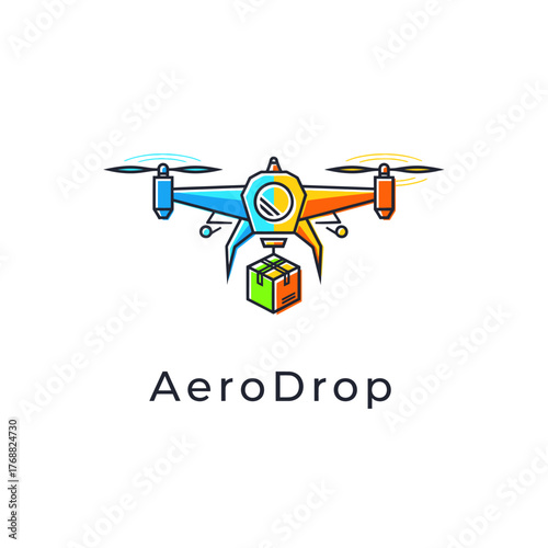 Colorful vector illustration of a drone with box, delivering packages. Modern and vibrant design, bright colors