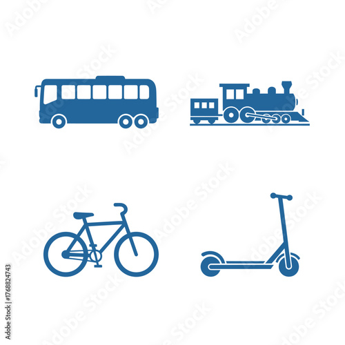 A collection of blue icons representing different modes of transportation on a white background