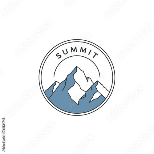 A circular emblem with mountain peaks, enclosed by a ring with text, simple and stylized