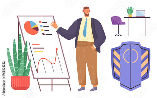 Male presenter explaining data on chart, desk with laptop and plant, security shield. Ideal for business, analytics, protection, strategy, leadership office workspace presentation. Simple flat