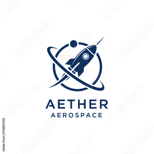 A stylized image of a rocket within an orbital path, with a dot element and text below