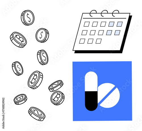 Falling coins symbolize money, a monthly calendar implies planning, and a pill image represents healthcare. Ideal for medicine cost, insurance, budgeting, savings, planning, healthcare management