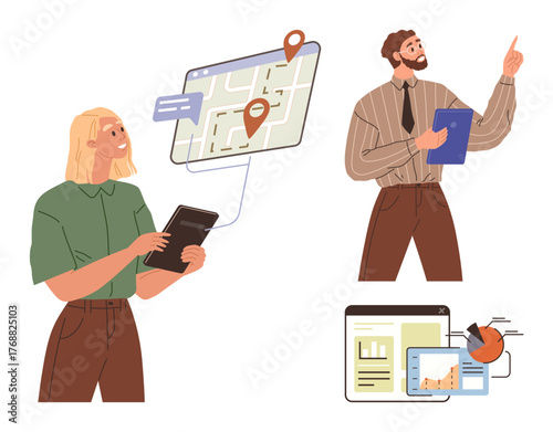 Two individuals interacting with digital maps and analytics interfaces, planning navigation strategies. Ideal for teamwork, business, planning, navigation, communication, data analysis
