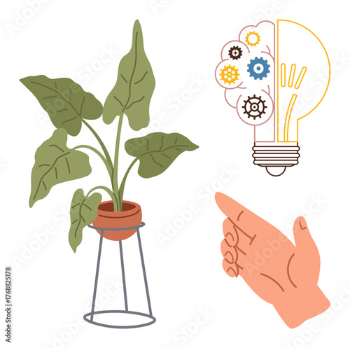 Hand gestures at a potted plant in a stand alongside a lightbulb filled with gear icons. Ideal for sustainability, innovation, creativity, environmental awareness, growth, teamwork, ideas, simple