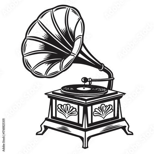 Black Silhouette of a Vintage Gramophone with a Large Horn Keywords: gramophone, phonograph