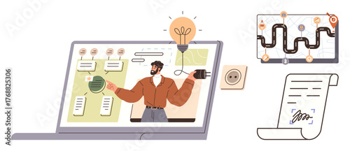 Person presenting ideas on laptop with light bulb, writing contract, and strategic roadmap. Ideal for education, innovation, planning, creativity, problem-solving, business development technology