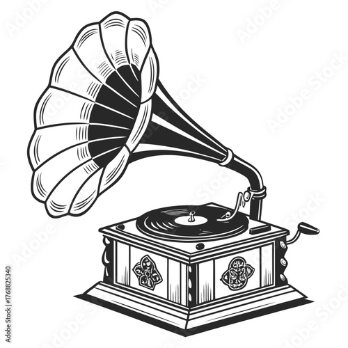 Vintage Gramophone with Ornate Base and Trumpet antique music