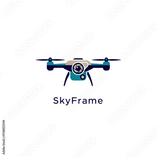 A geometric illustration of a drone with its propellers and camera displayed with the word "SkyFrame.