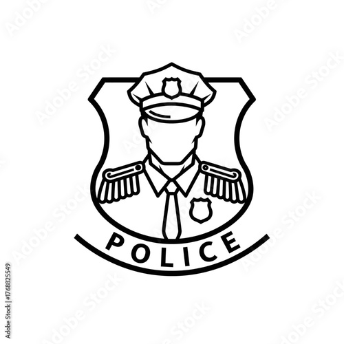 A monochrome illustration features a stylized officer in uniform, within a badge, with "POLICE" below