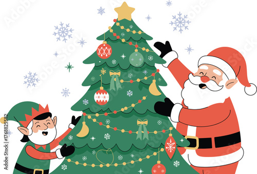 Santa and elf decorating a green Christmas tree with ornaments