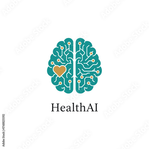 A medical AI logo with a stylized teal brain, circuitry, a heart, and the text "HealthAI