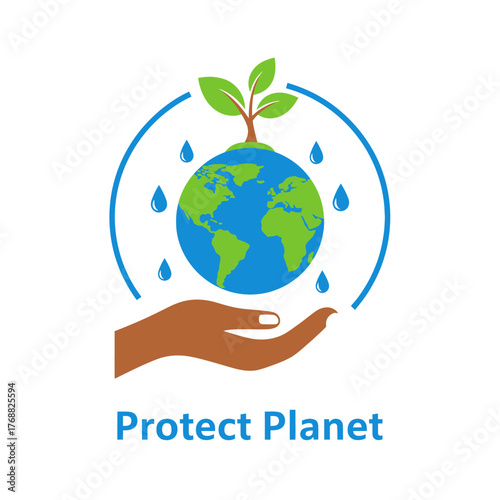 An illustrative depiction of Earth with sprout, water drops and a hand, promoting environmental protection