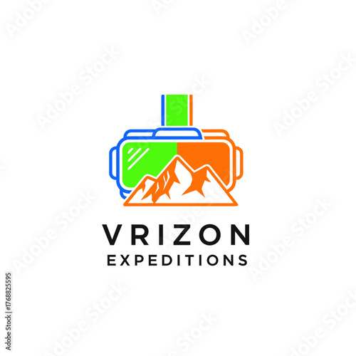 A vibrant logo featuring a VR headset with mountains below, in a clean, colorful, and modern design
