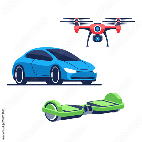 A modern vehicle concept, showcasing a drone, car, and hoverboard on a white background
