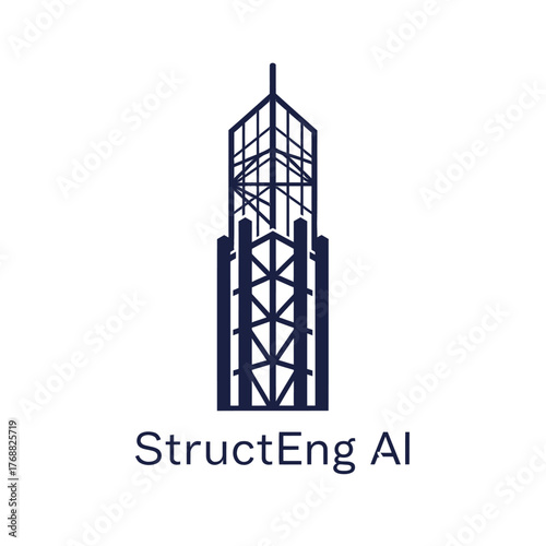 A geometric navy blue illustration of a building, with triangular and vertical support structures