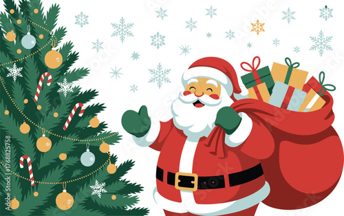 Santa Claus with sack and Christmas tree vector