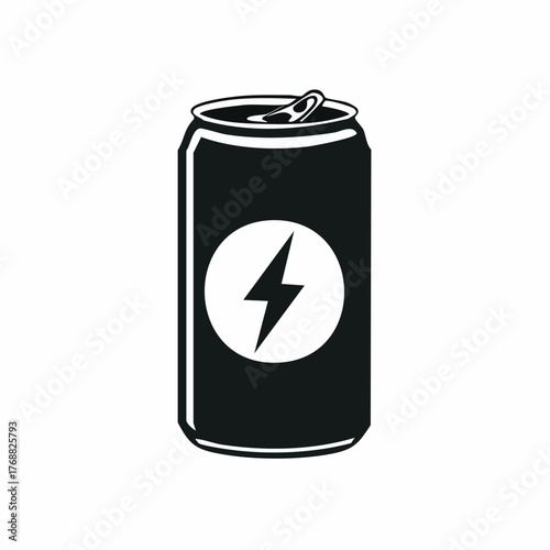 Black and White Energy Drink Can with Lightning Bolt Symbol.