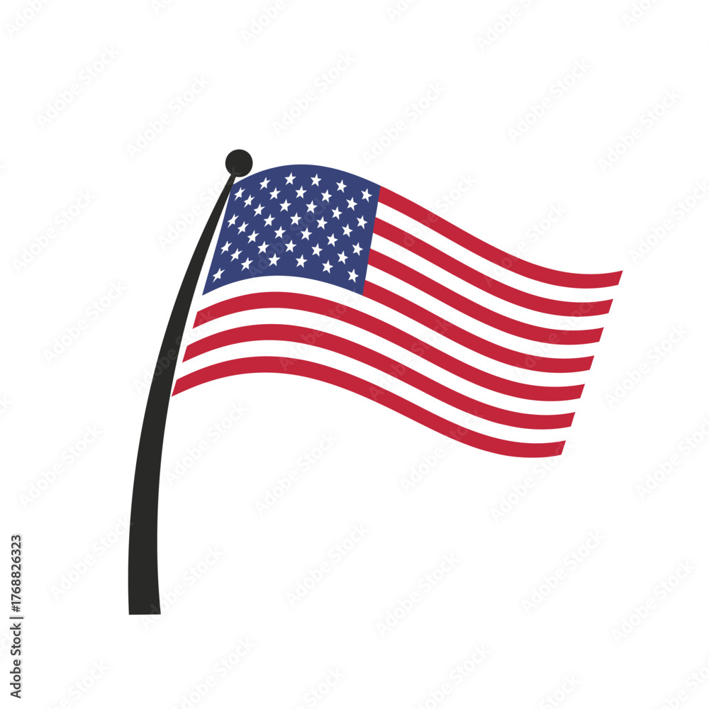 Fototapeta premium A waving flag with alternating red and white stripes and a blue canton with white stars, on a black pole