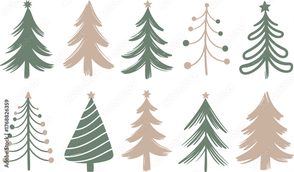 Obraz premium Ten stylized Christmas trees in green and beige holiday