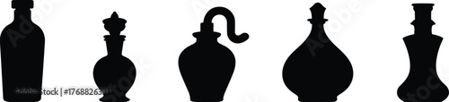 Bottle silhouette set, black vector containers, packaging design, vintage shapes, product icons, glass bottle outline, minimal style, stopper variations, artistic graphic