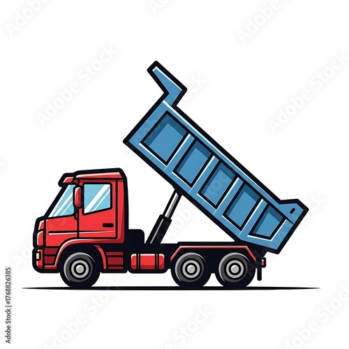 Red dump truck with blue bed tipping load upward ready for construction work isolated on white background