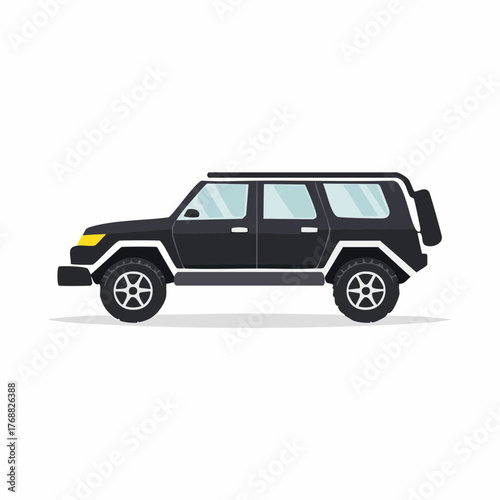 Black FourDoor SUV with Silver Trim and Yellow Headlights Illustration.