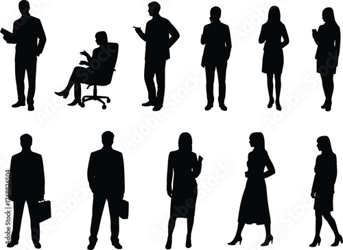 Business professional silhouette set, corporate figure vector, office attire poses, black and white design, workplace diversity illustration, executive gesture pack