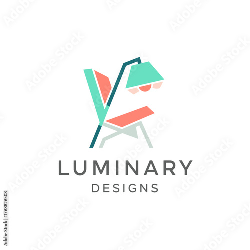 A geometric illustration of furniture, combining a chair and lamp in a colorful and abstract way