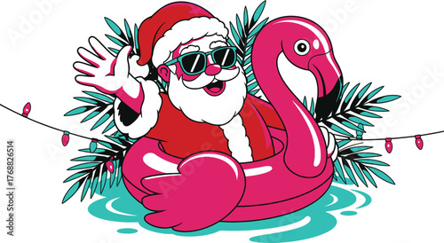 Santa Claus rides flamingo float surrounded by palm leaves and lights