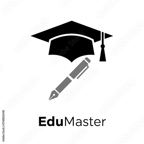 A graduation cap and pen icon with the text EduMaster below on a white background
