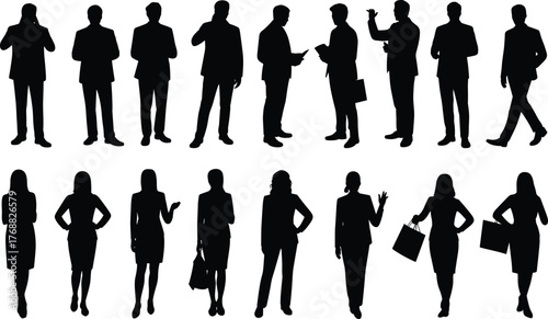 Business professional silhouettes, male and female icons, black vector graphics, corporate poses, formal attire, workplace diversity, minimal design, office, career, team