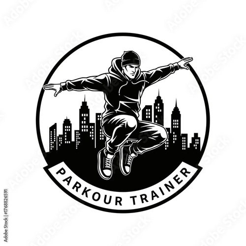 A silhouette of a parkour athlete leaping over a cityscape, text "PARKOUR TRAINER" surrounds