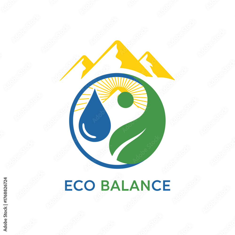Obraz premium A stylized logo representing nature's elements. Mountains, yin-yang symbol, water drop, sun, and leaf