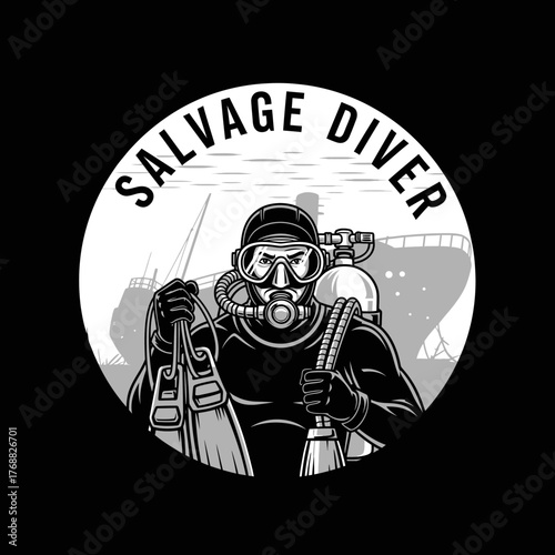 A black and white illustration of a diver in gear, inside a circular frame with text