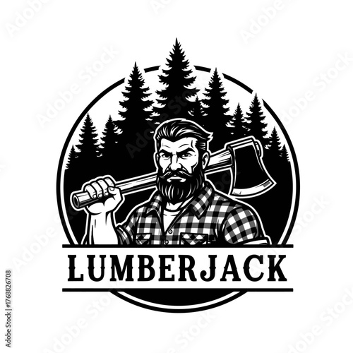 A burly man with a beard and axe, inside a forest-themed emblem with text at the bottom
