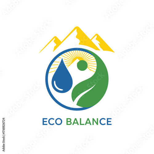 A stylized logo representing nature's elements. Mountains, yin-yang symbol, water drop, sun, and leaf