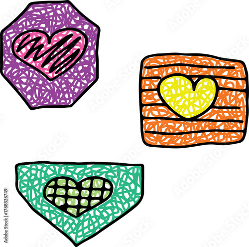 Grunge-style design with multicolored brush-painted hearts in geometric shapes, accented by black outlines for a bold look.
