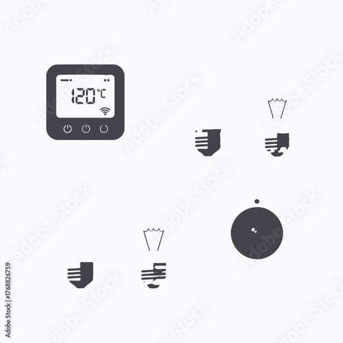A dark grey, minimalist illustration with a smart thermostat and light bulbs on a white background