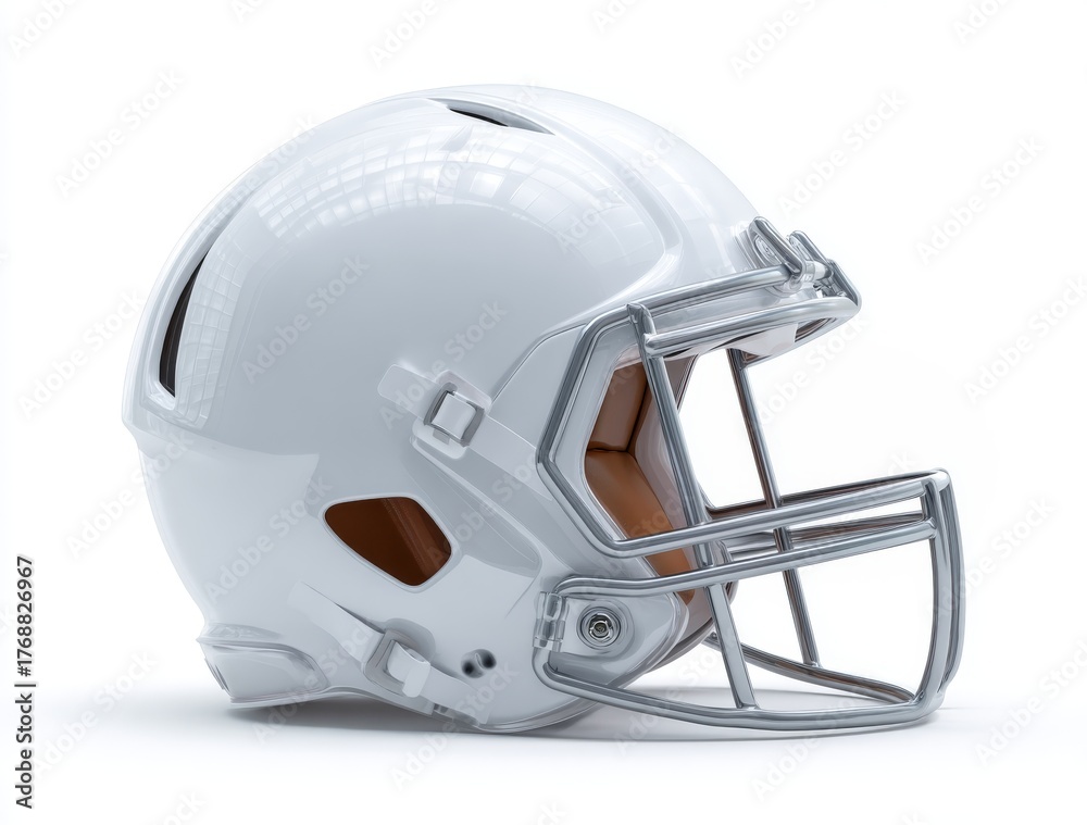 Fototapeta premium Close-up of a white football helmet, against a white background.