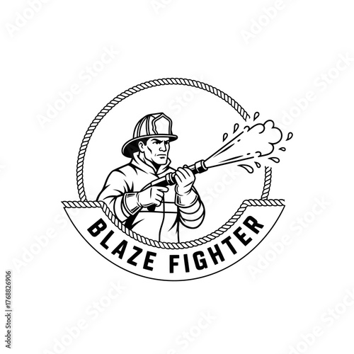 A heroic fireman, holding a hose, sprays water from a nozzle in a circular, stylized design