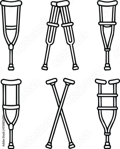 Modern Crutches Icon Set  Wooden, Metal, Forearm, and Underarm Types