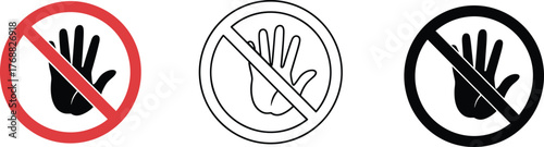 Do not touch symbols, safety warning icons, hand prohibition signs, access restriction graphics, black red white variations, isolated white background, caution design set