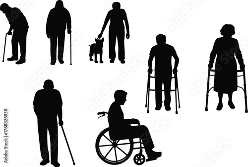 Elderly silhouette set, mobility aid vector illustration, cane walker wheelchair poses, black and white design, aging and accessibility gesture pack