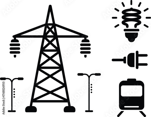 Electricity infrastructure icons, power transmission tower, urban utility silhouette, energy distribution, streetlight, plug, light bulb, train, black and white design