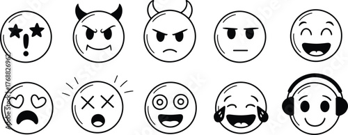 Emoticon face icon set, expressive symbols, black and white art, emotion illustration, love, anger, joy, sadness, confusion, headphones, reaction