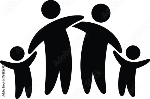 Family silhouette illustration, black white design, unity concept, parents and children, abstract figures, togetherness symbol, peaceful composition, love bond, minimalist art