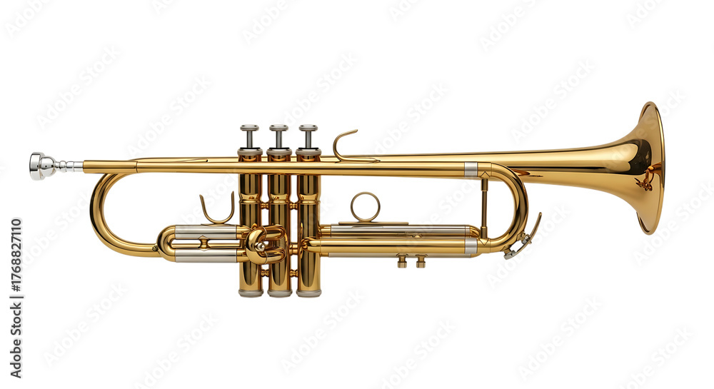 Obraz premium Shiny brass trumpet, with silver accents and three valves, cutout, PNG isolated on white or transparent background